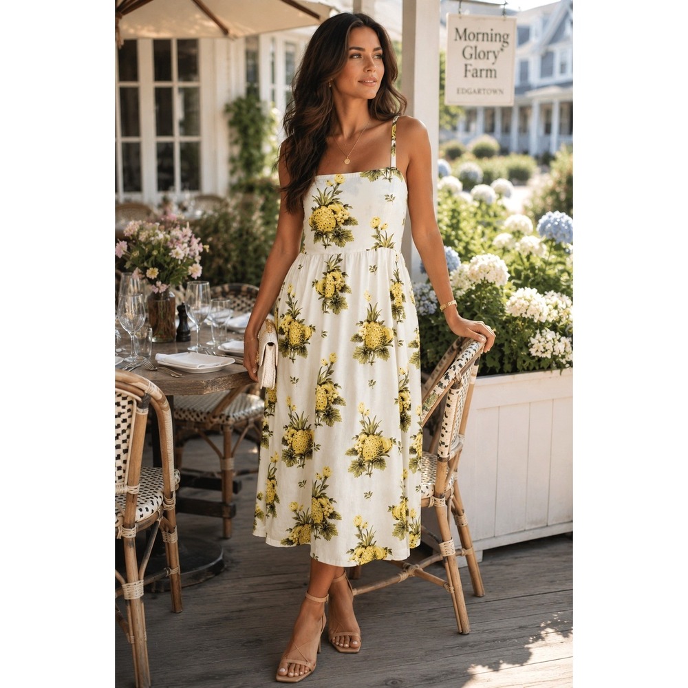 Tahari Cream Linen Sundress 8 Pineapple Print A Line Fit Flare Resort Vacation